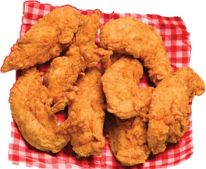 Crispy chicken tenders on checkered paper